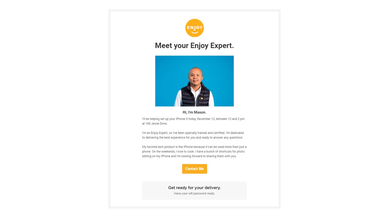 A sample email showing the Enjoy expert who will be coming to your house.