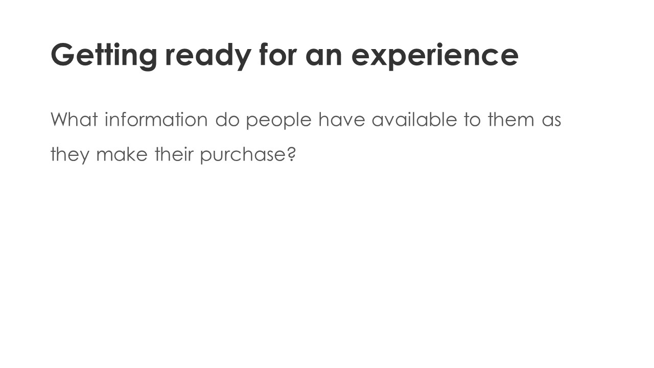 Getting ready for an experience - What information do people have available to them as they make their purchase?