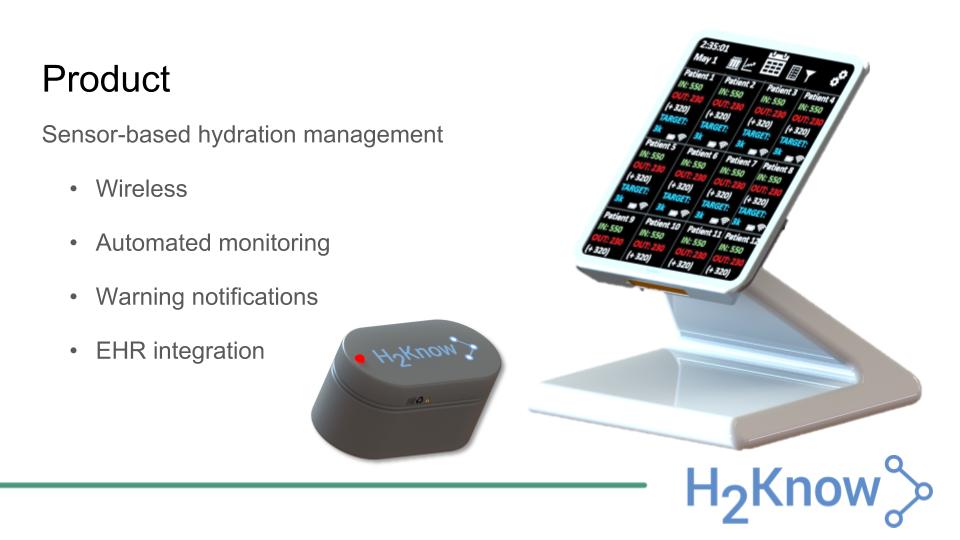 The product is sensor-based hydration management. Features: wireless, automated monitoring, warning notifications, EHR integration.